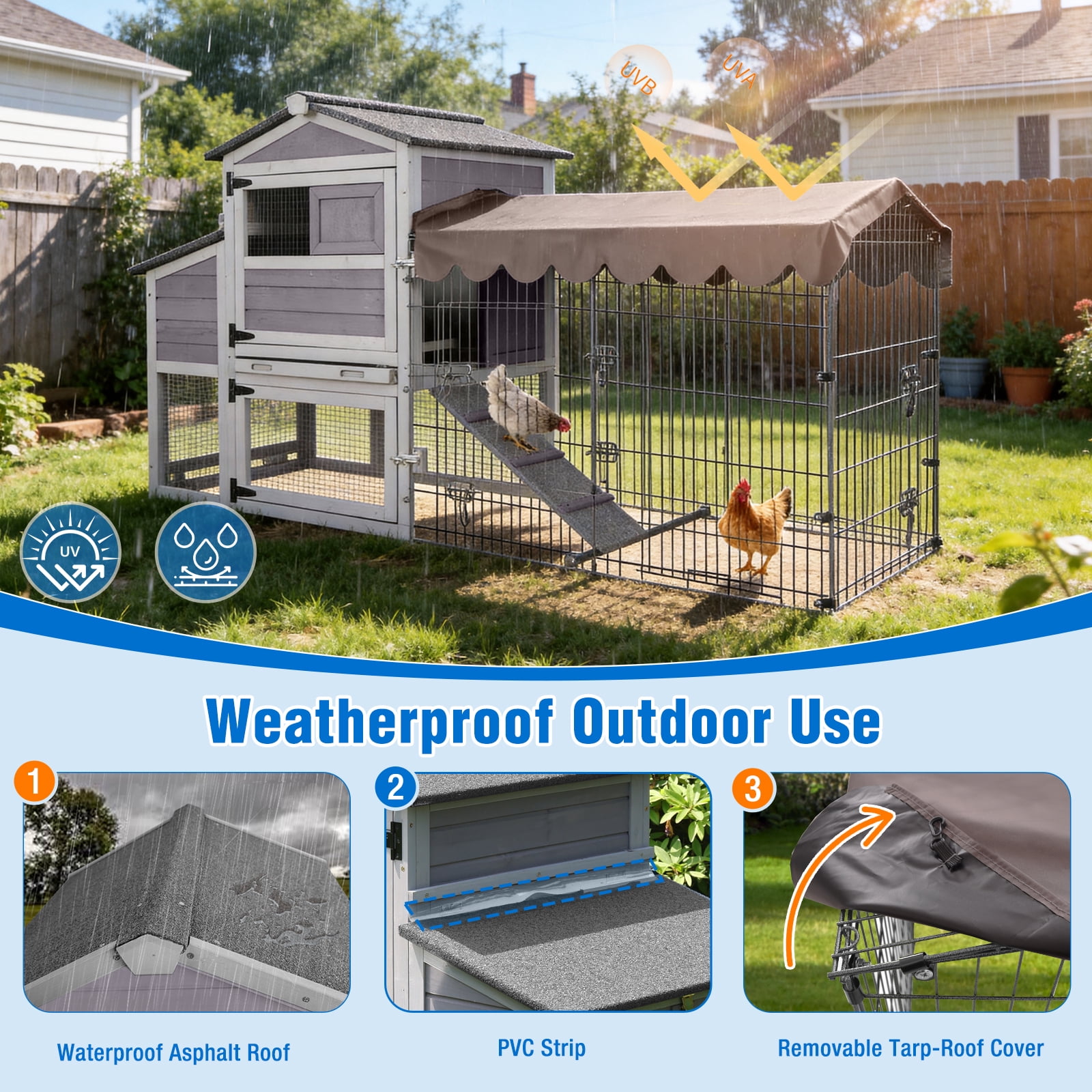 Suumerpety Chicken Coop with Wheels & Metal Run for 4-6 Chickens, Chicken House with Leak-Proof Tray, UV-Resistant Roof & Nesting Box for Outdoor Backyard, Gray