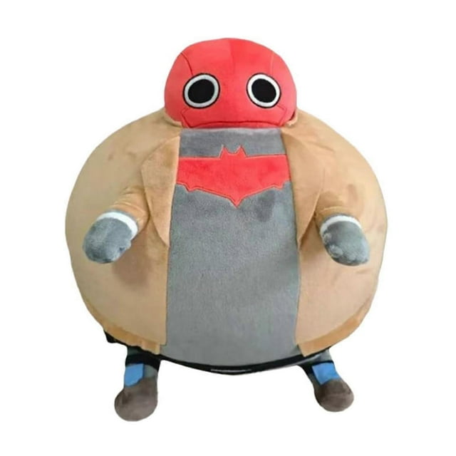 jason todd plush doll - premium stuffed plush toy, fat and soft huggable cartoon figure for collectors & fans vista frontal centrada de un peluche gordo Jason Todd con máscara roja y ojos redondos negro-blanco, cuerpo circular beige, panel frontal gris con emblema de murciélago rojo, brazos cortos con puños blancos y piernas pequeñas azul-marrón; textura de felpa y costuras visibles, fondo blanco. Ideal para coleccionistas y como pieza de exhibición o compañero para abrazos.