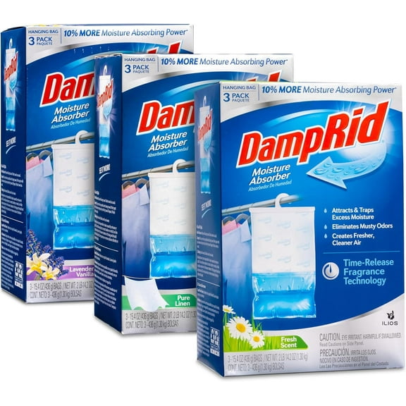 Damp Rid Hanging Bag Moisture Absorbers - 3 Packs of 3-15.4oz (Pure Linen, Lavender Vanilla, Fresh Scent) - Closet Deodorizer Odor Eliminator, 10% More Moisture Absorbing Power - Ilios Packaging