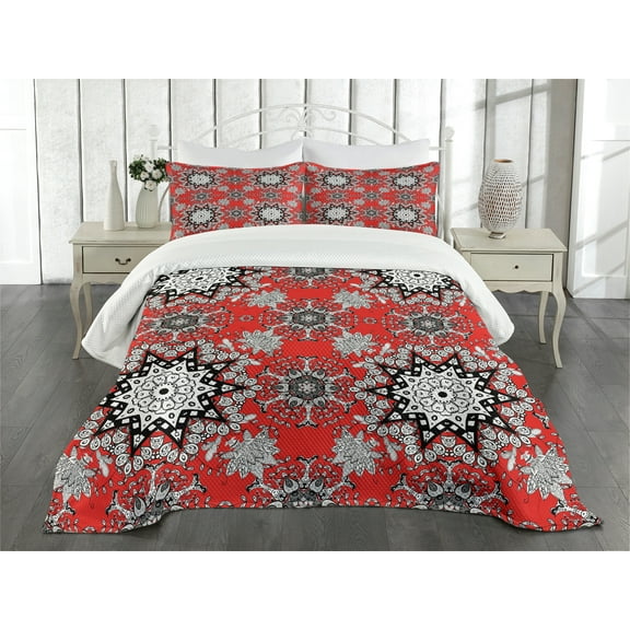 Ambesonne Mandala Quilted Bedspread Set 3 Pcs, Lace Seem Floral Swirls, Queen Size, Scarlet White