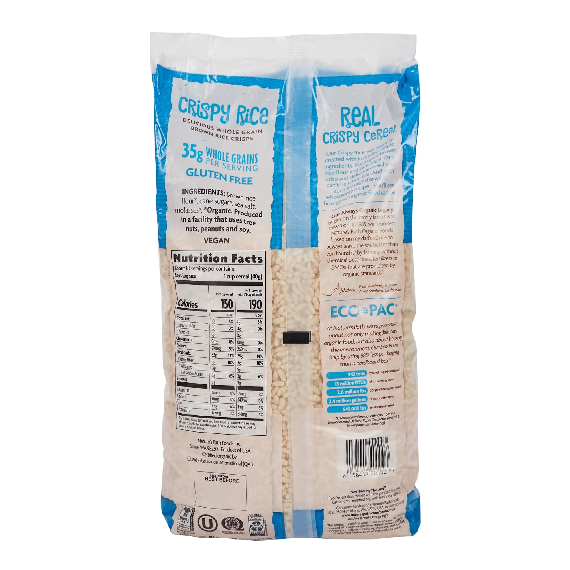Nature's Path Organic Crispy Rice Breakfast Cereal, Gluten Free, 26.5 oz Bag