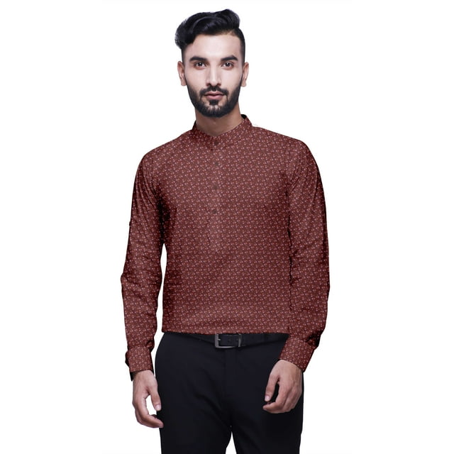 BESTMAN Kurta-Shirt Court pour Homme, Inde, Imprimé, Manches Longues Retroussables