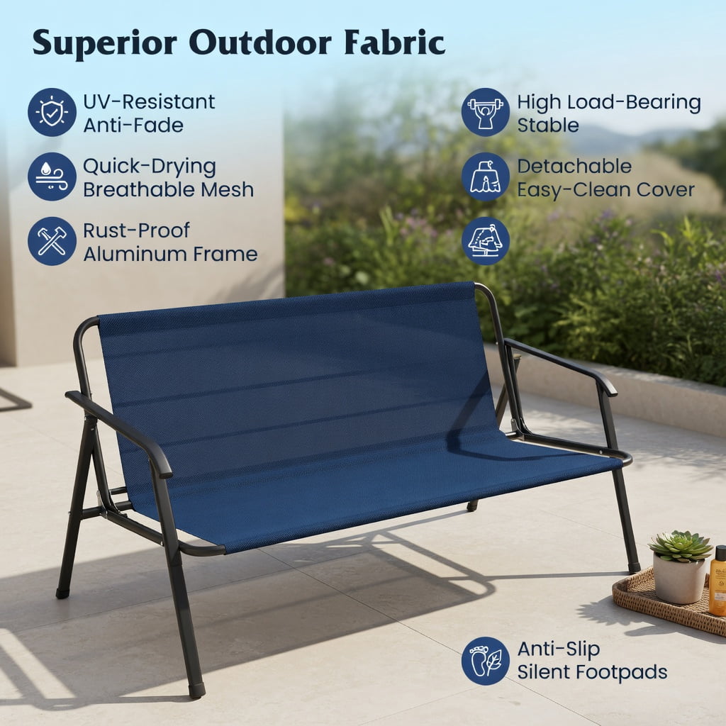 Hommoo 3-Person Outdoor Patio Swing Chair with Adjustable 60° Canopy, Thick Cushions, Foldable Side Trays & Heavy-Duty Steel Frame, Navy