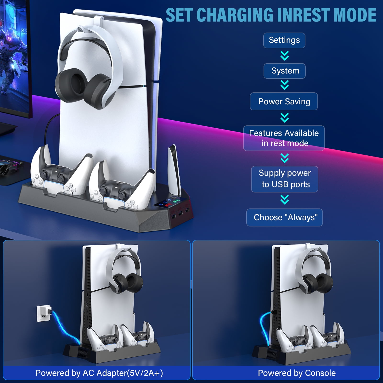ZRZLMVP PS5 Stand Cooling Station with Dual Controller Charging Station for PS5 Pro, PS5 Slim, PS5 Standard, PS5 Digital,3 Levels Adjustable Fan/3 USB Hubs- Black