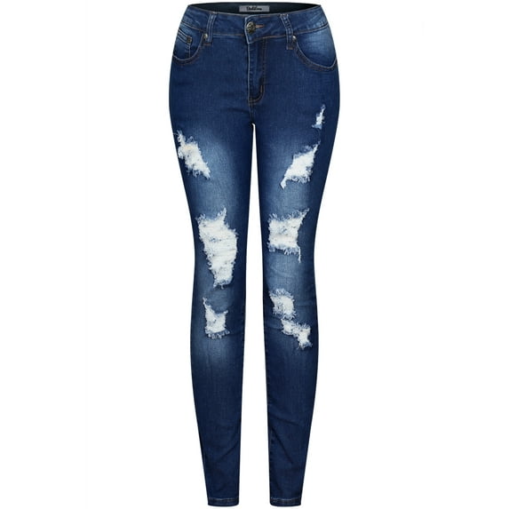 2Luver, Women's, Stretchy 5 Pocket Destroyed Medium Denim Skinny Jeans, Blue Faded, 7