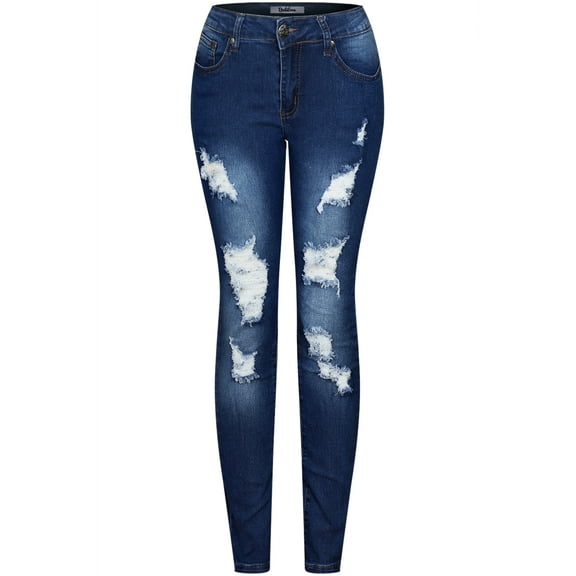2Luver, Women's, Stretchy 5 Pocket Destroyed Medium Denim Skinny Jeans, Blue Faded, 9
