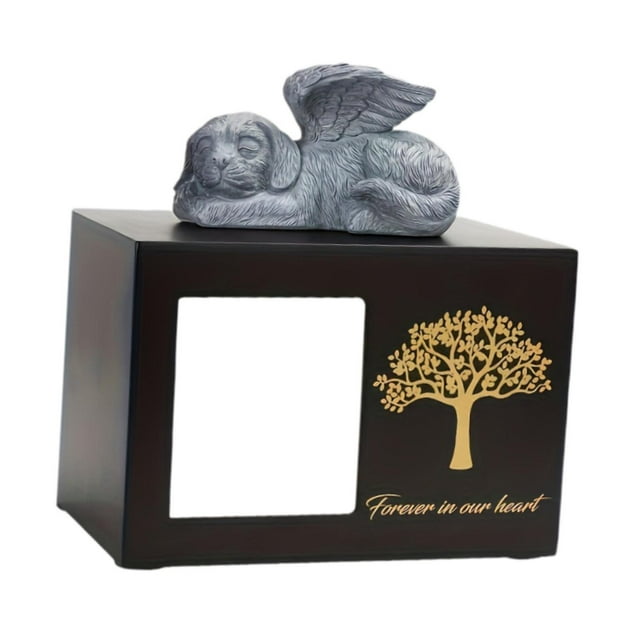 koolsoo Dog Cremation Urn with Angel Dog Statue Accessory Versatile with Photo Frame Black