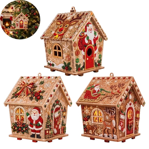 Christmas Wooden House Pearl Art DIY Craft Kit,Beginner Friendly 3D Cabin Ornament,Santa Reindeer Snowflake Rhinestone Bead Painting Set,Indoor Tabletop Xmas Tree Hanging Holiday Decor Gift for Adult