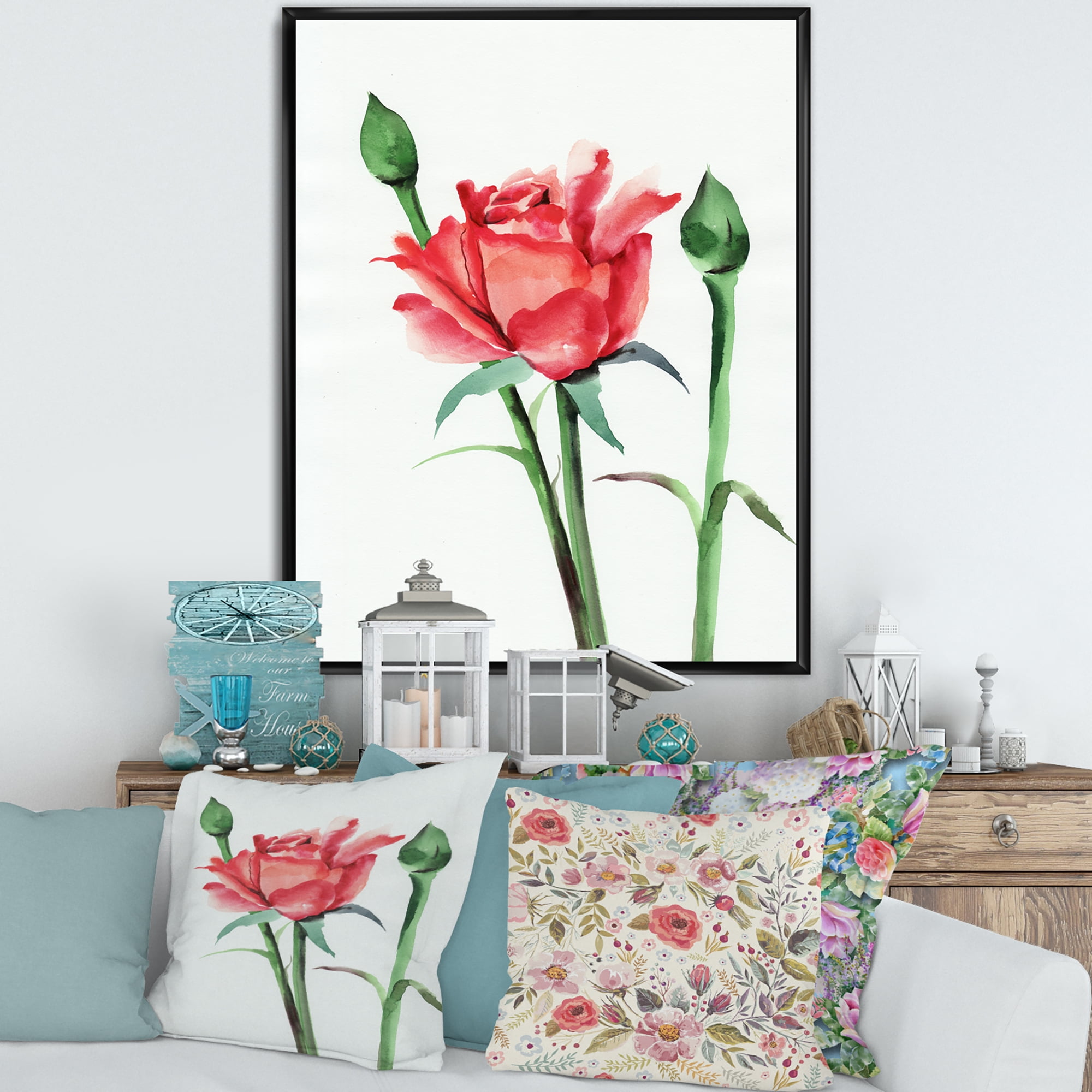 Designart 'Buds With Red Rose' Traditional Framed Canvas Wall Art Print