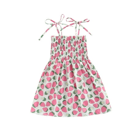 

Canrulo Toddler Baby Girls Spaghetti Straps Dress Smocked Floral Print Dress Princess Sleeveless Casual Dresses White Pink 1-2 Years