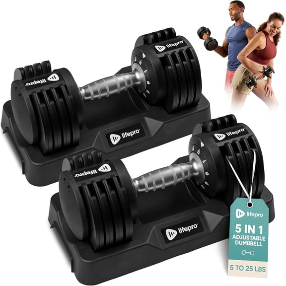 Lifepro Adjustable Dumbbells 25lb Pair – Quick Select Hand Weights for Men & Women – Space Saving Home Gym Strength Training Dumbbell Set with Rotating Handle & Compact Rack