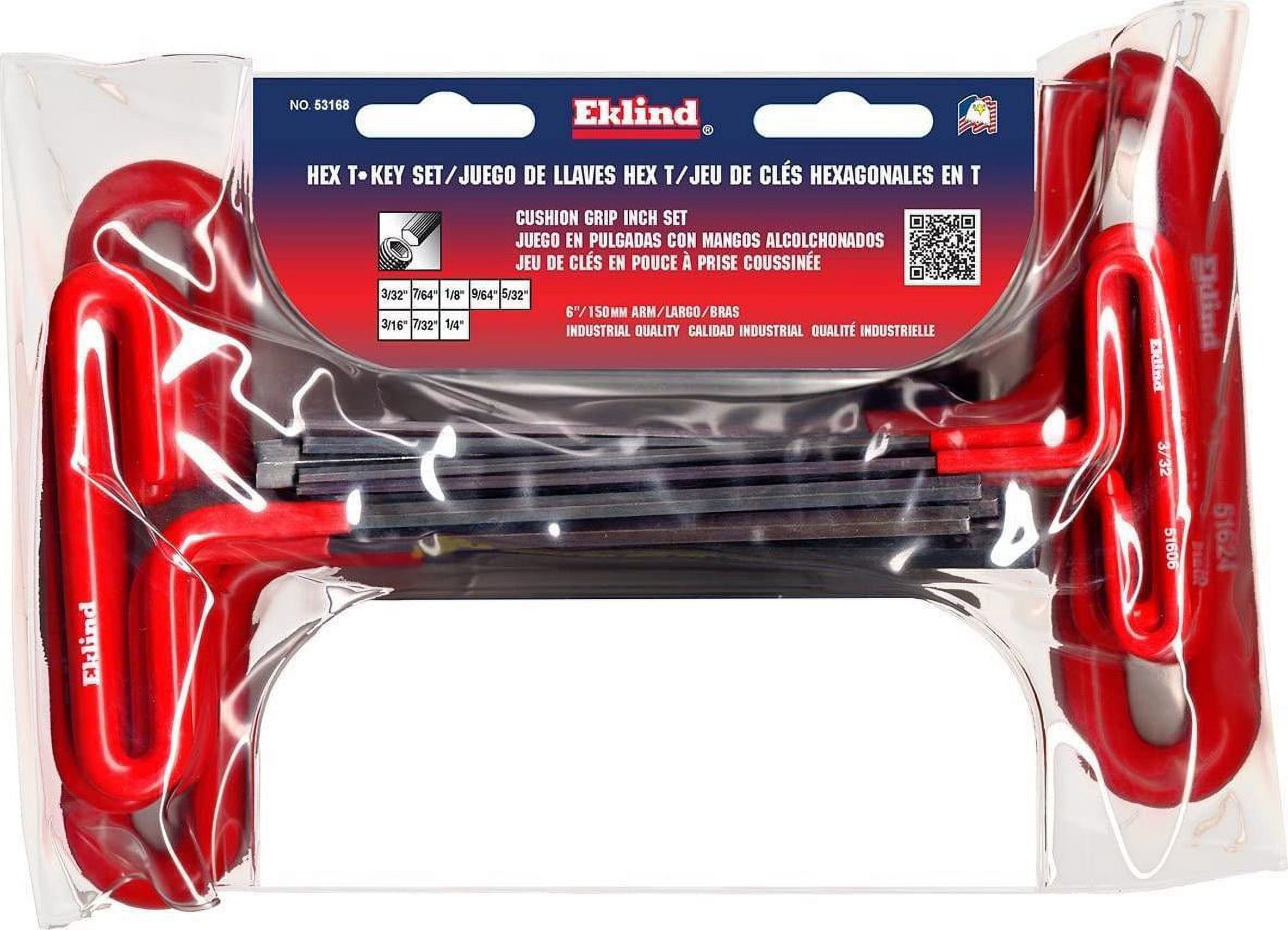 EKLIND 53168 Cushion Grip Hex T-Key allen wrench - 8pc set SAE Inch Sizes 3/32-1/4 (6In shaft)