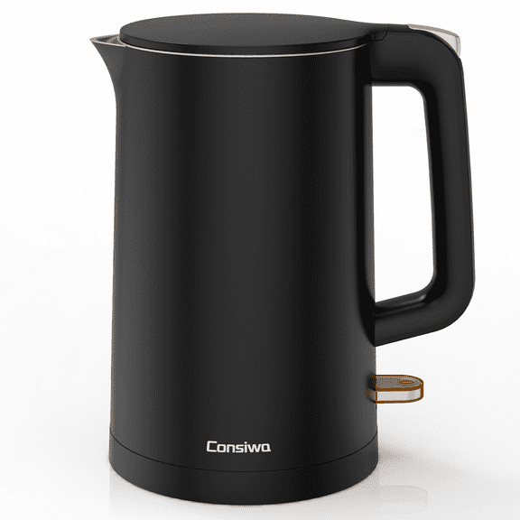 Consiwa Electric Kettle, Double Wall 1.7L Stainless Steel Cool Touch, Water Boiler & Heater, 1500W Hot Tea Pot, Black