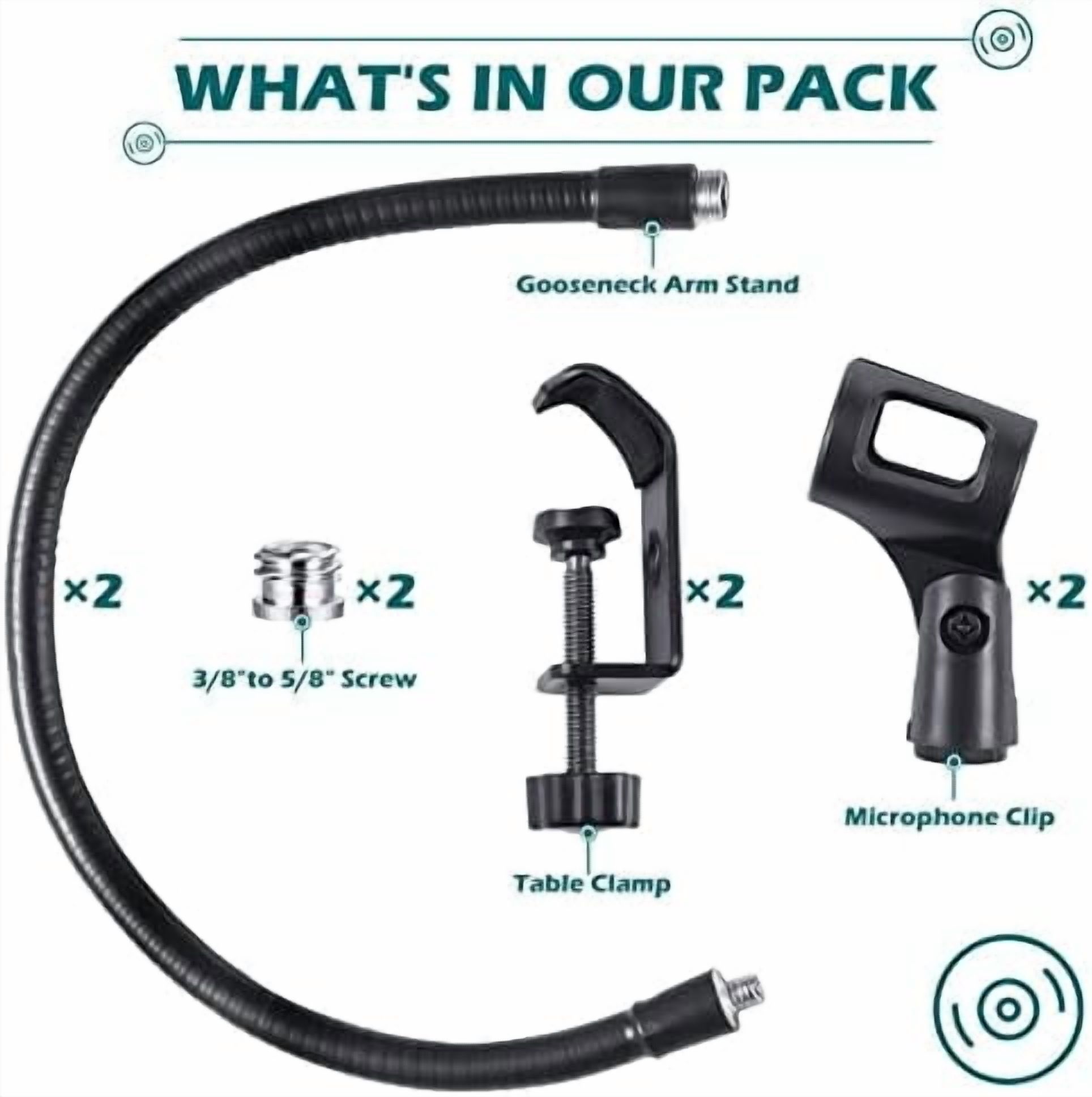 2 Pcs Gooseneck Mic Stand Mic Holder Microphone Stand Mount Adjustable Arm Adapter Podium Microphone Flexible Gooseneck Desktop 3/8 to 5/8 Inch with Clip Desk Clamp Music Recording Equipment