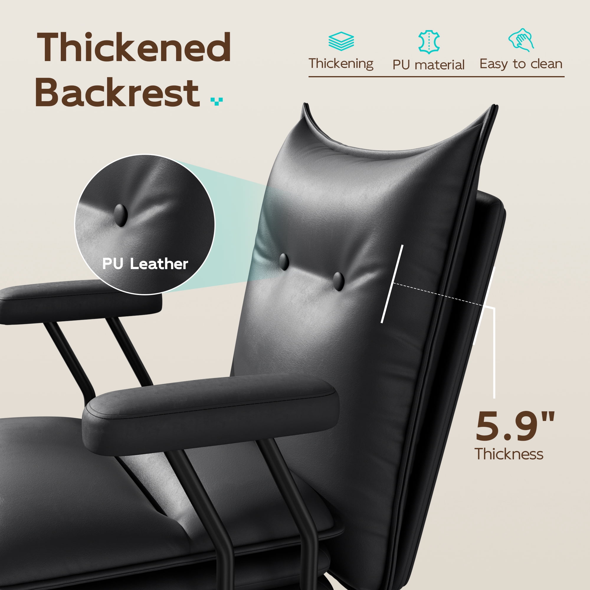 iooHug Ergonomic Black Office Chair, PU Leather Desk Chair with Thick Cushioned Seat, Mid Back Swivel Office Chair for Home Office & Study, Adjustable Height, 300 LBS