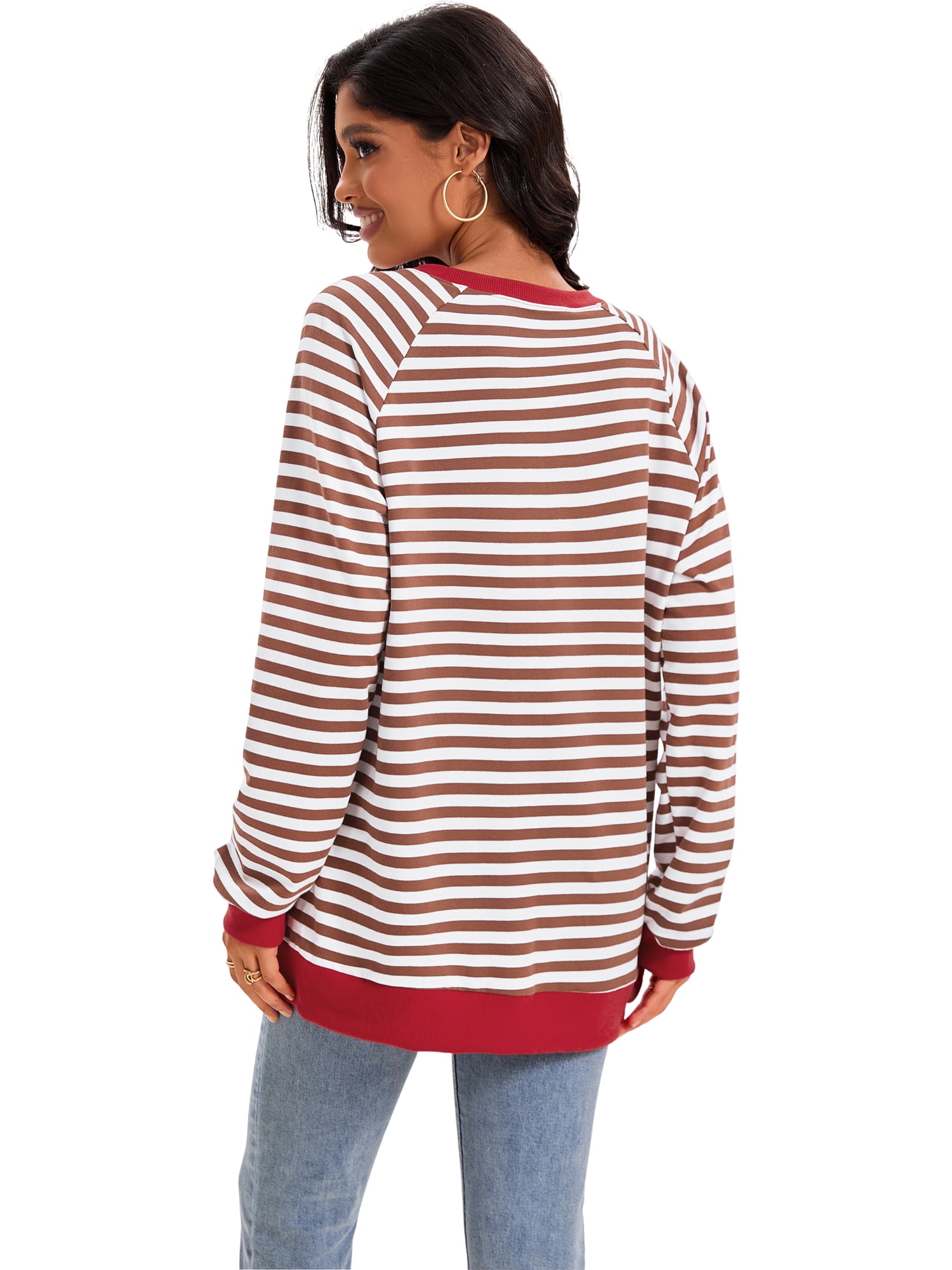 Unique Bargains Women's Striped Oversized Crewneck Pullover Tops S Coffee White