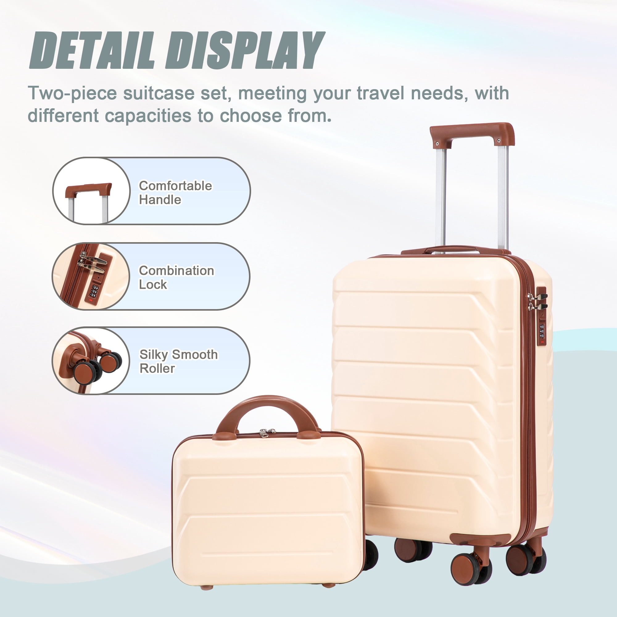 Alvantor 2 Pcs Luggage Set with Combination Lock, 20" ABS Spinner Suitcase & 14" Cosmetic Case, Beige