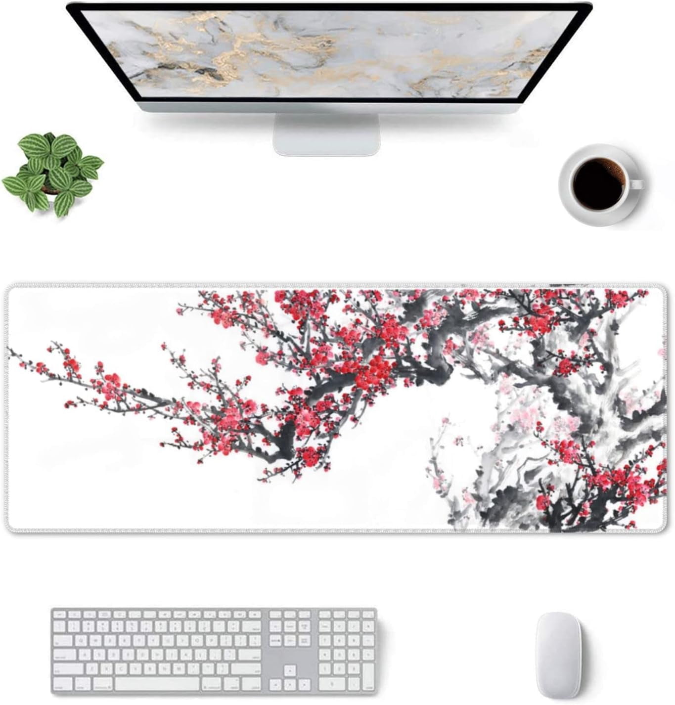 Large Gaming Mouse Pad, Plum Blossom XL Mousepad, Stitched Non-Slip Extended Keyboard Mats for Desk, Big Long Computer Loptop Pads Gifts for Women, (Red White, 31.5 * 11.8 in)