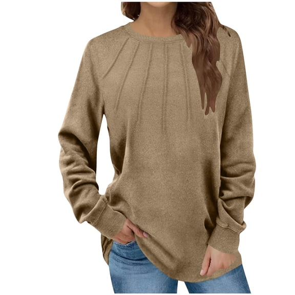 YUGYXL Womens Long Sleeve Shirts Pleated Round Neck Casual Pullover Solid Color Tops Fall Winter Fashion Loose Fit Tunics Khaki M
