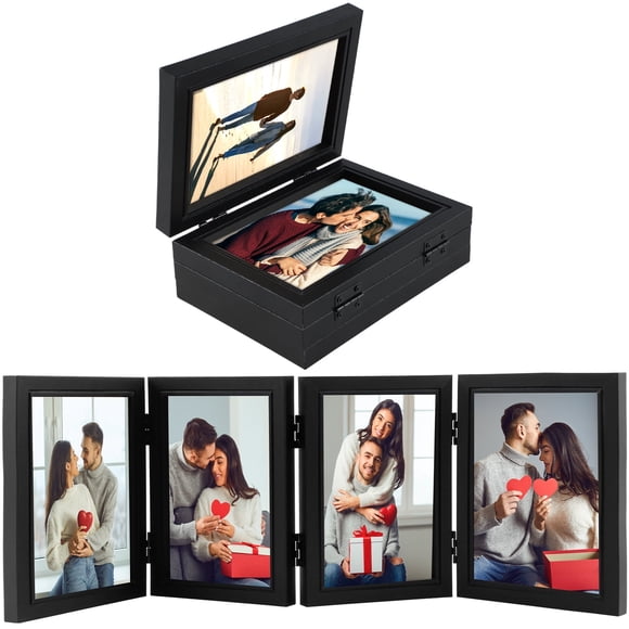 Vensio -4-Folding 4x6 Hinged Picture Frame for Tabletop, Black Wood Photo Frame with 180 Degree Foldable Design and High-Definition Plexiglass, Desktop Display Set