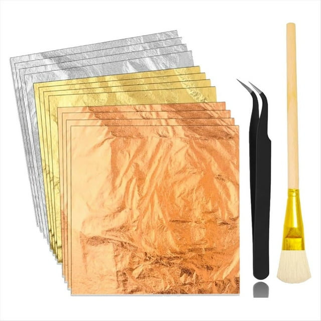 Hojas de Pan de para Arte, 3 Colores, 150 Hojas de Papel de Aluminio Dorado para Decoración de Manualidades, Pintura con Pinzas y Pincel