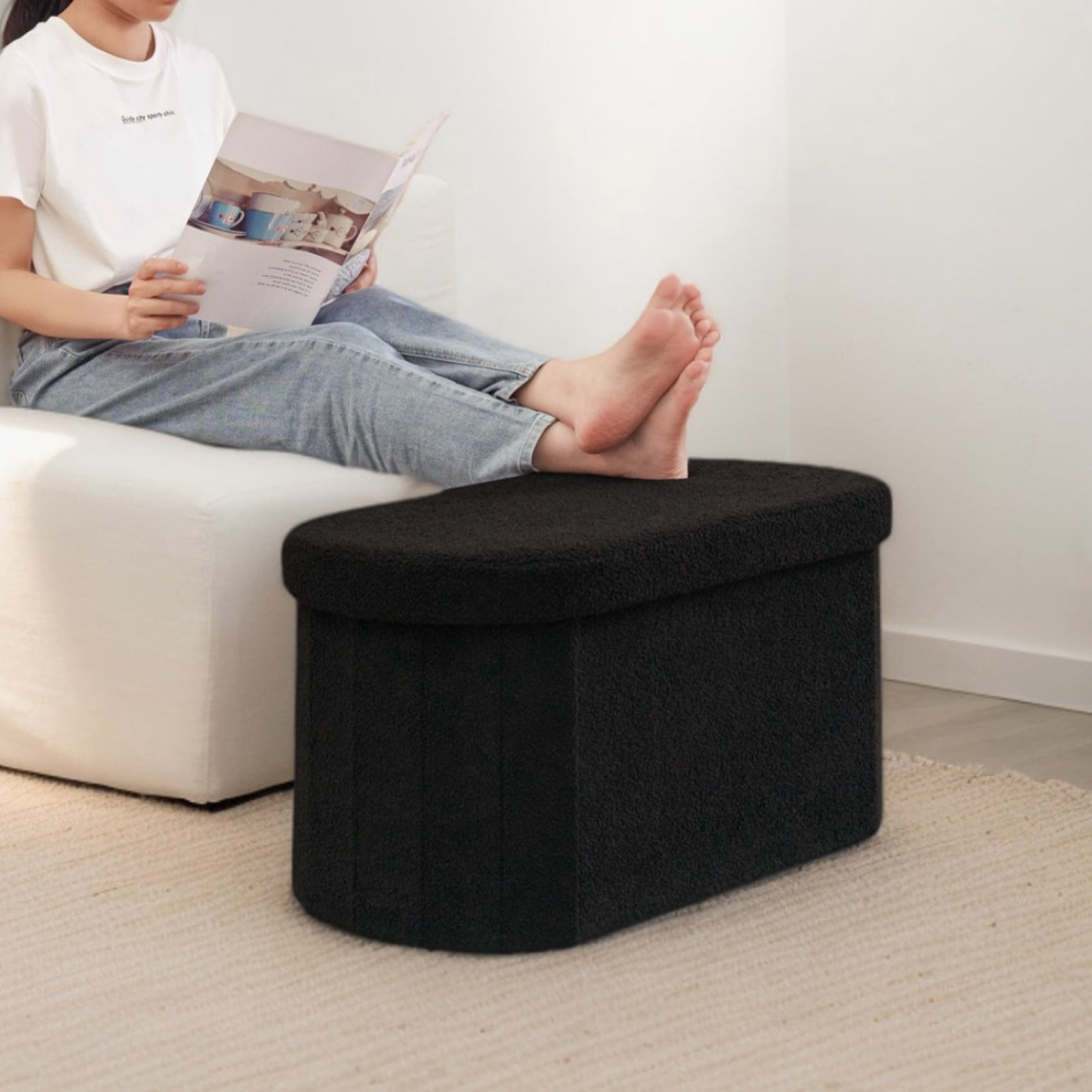 PINPLUS Storage Ottoman Bench Tufted Oval Ottoman Bench Foot Rest Velvet Bench with Storage 30" Black