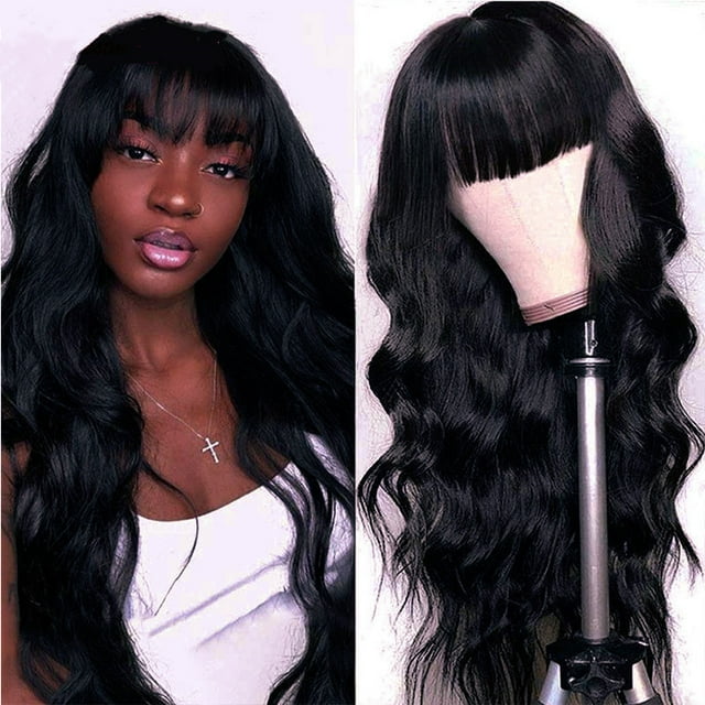 Cabello Rizado Largo de Gran Ola con Flequillo, Cabello Rizado Largo, Pelucas de Fibra Química