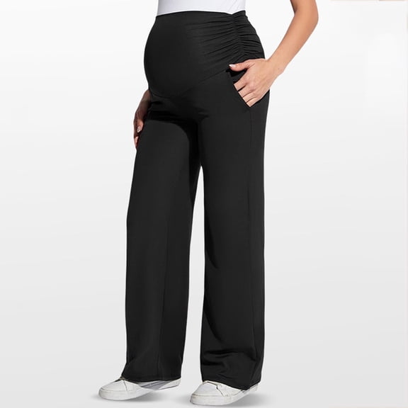 Xdegoge Women'S Maternity Pants Over The Belly Pregnancy Trousers Wide Leg Lounge Pants with Pockets Comfy Ruched Stretch Work for Expectant Mothers