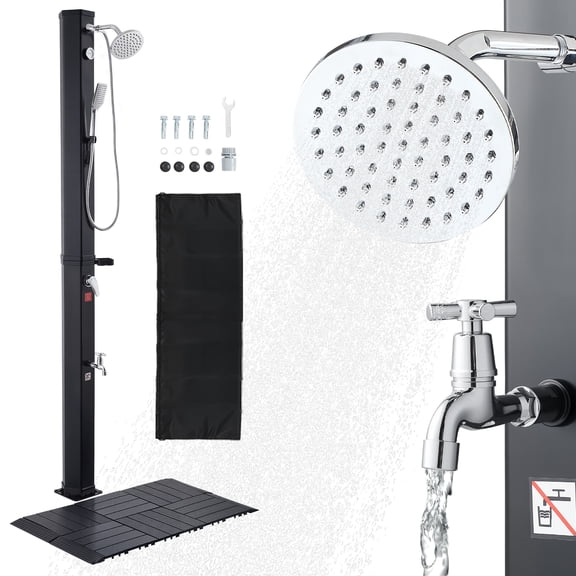 VEVOR 10.6 Gal Solar Heated Shower, 6.7ft Showerhead Height Outdoor Shower, with Floor Kit & Handheld & Foot Faucet, Hot & Cold Water Adjust, Freestanding for Backyard Poolside Beach Pool,Black
