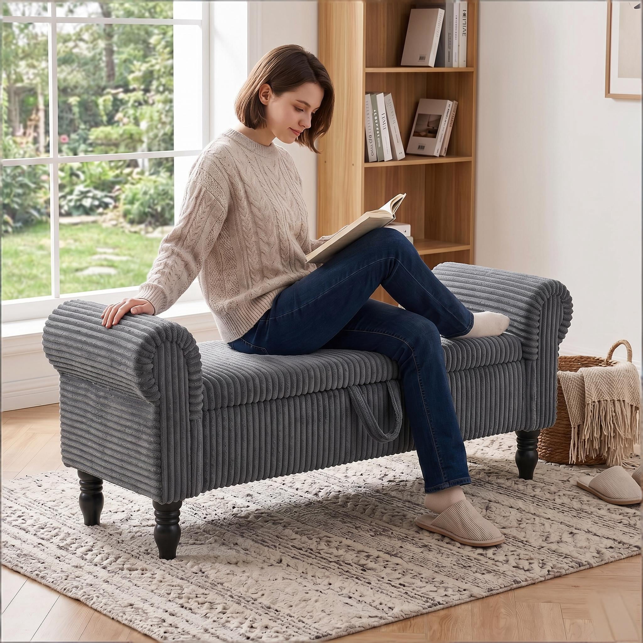 51.5" Corduroy Storage Ottoman Bench, Upholstered End of Bed Bench for Bedroom Living Room Entryway Window Seat（Dark Grey）