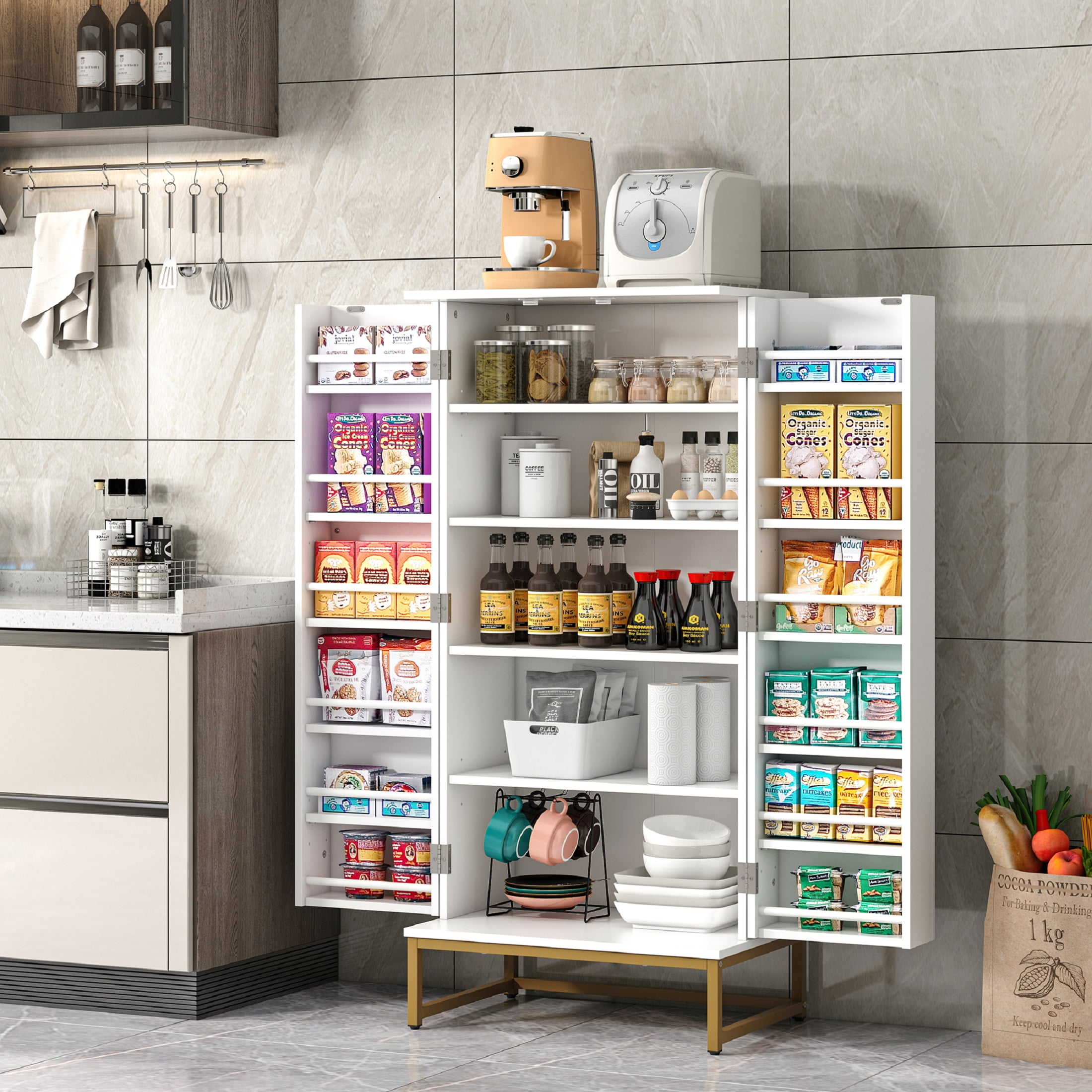 Casendy Pantry Cabinet with 2 Doors and 16 Shelves, Modern Kitchen Storage Cabinet with Adjustable Shelves, Kitchen Storage Cupboard for Dining Room, Living Room, White