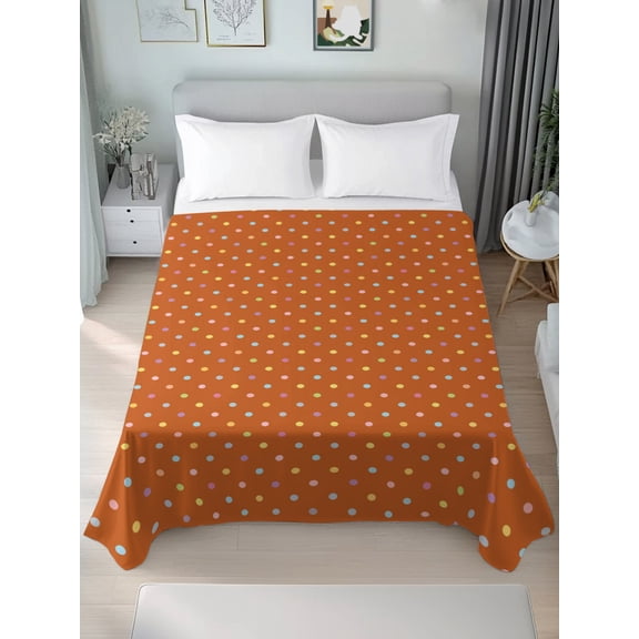 Queen Flat Sheet Only Colorful Polka Dot on Orange Soft Microfiber Cooling Bedding Sheets Modern Minimalist Dotted Flat Bed Sheet for Hotel,Home Decor