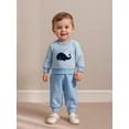 thumbnail image 4 of Miaouyo Toddler Baby Boys Fall Clothes Set 3 6 12 18 24 Months 2T 3T Fashionable Long Sleeve Whale Embroidery Striped Pullover with Solid Color Pants Outfits, 4 of 9
