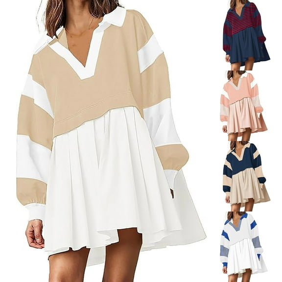 LbsKUS Reduced,Women’s Oversized Casual Dresses Fall Fashion Patchwork Long Sleeve Dress Trendy Lapel Neck Pleated Mini Dress(Khaki,Medium)