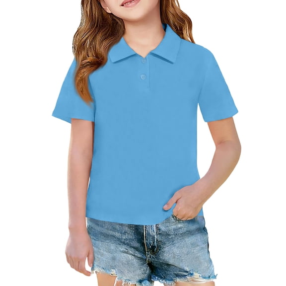 Grblisyd Uniform Shirts for Girls Short Sleeve Polo Shirts Quick Dry Collared Uniform Golf Shirt Button Casual Tops Back To School 3-12 Years