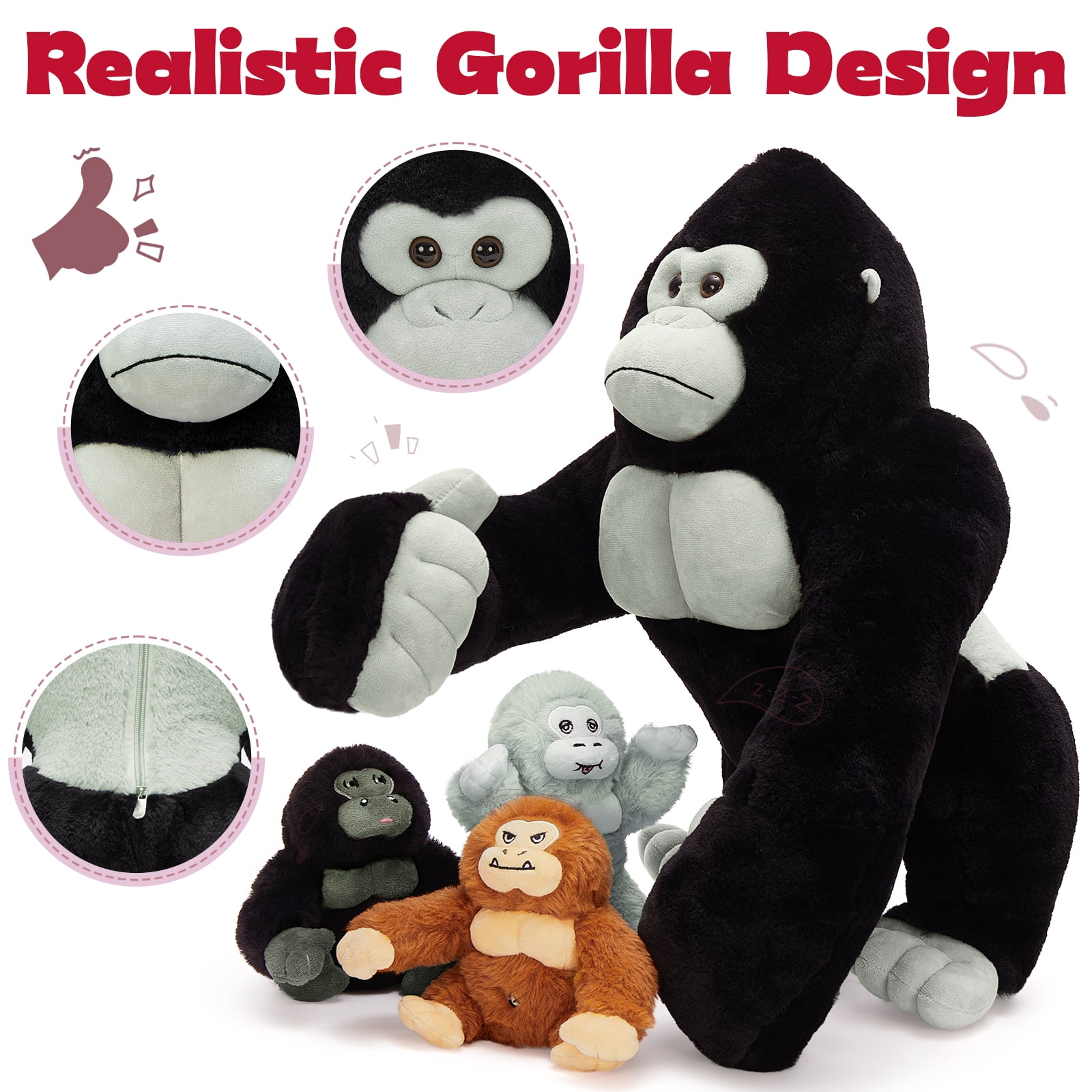 MorisMos 19.6" Black Gorillas Stuffed Animal Mommy Gorillas with 3 Baby Plush Toys