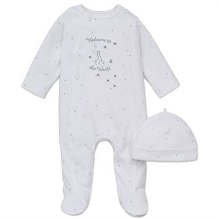 little me unisex baby 2 piece footie and cap, welcome world, white,