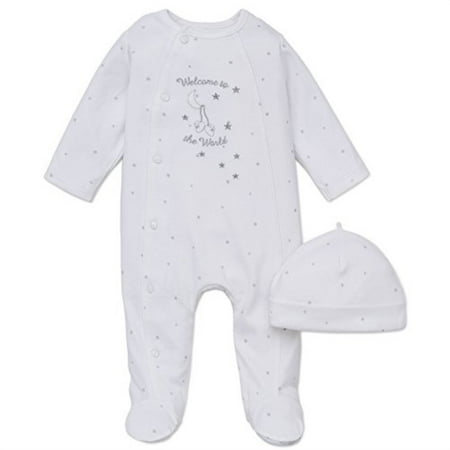 little me unisex baby 2 piece footie and cap, welcome world, white, preemie
