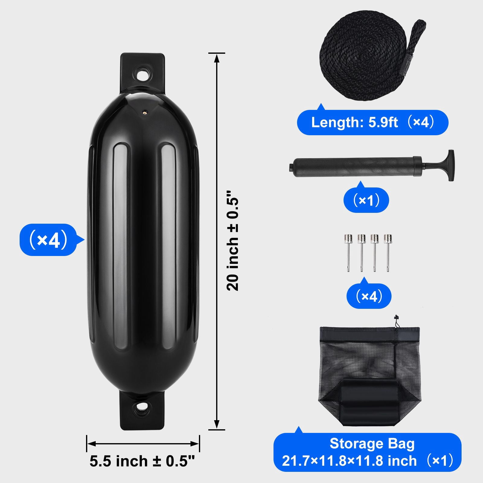 Boat Fenders, 5.5" x 20" Boat Bumpers for Docking, Inflatable Ribbed Fender with Center Holes, Marine Boat Dock Fender Bumper with Air Pump, 4 Needles and 4 Ropes and Storage Bag, Black
