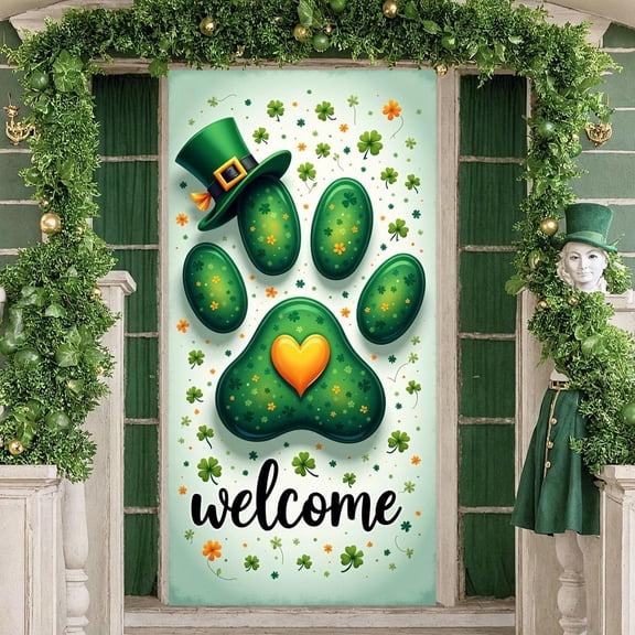 Green Theme St. Patrick's Day Banner Clover Pattern Welcome Display Paw Print Design Yellow Heart Backdrop for St. Patrick's Day Party Celebration Welcome Event