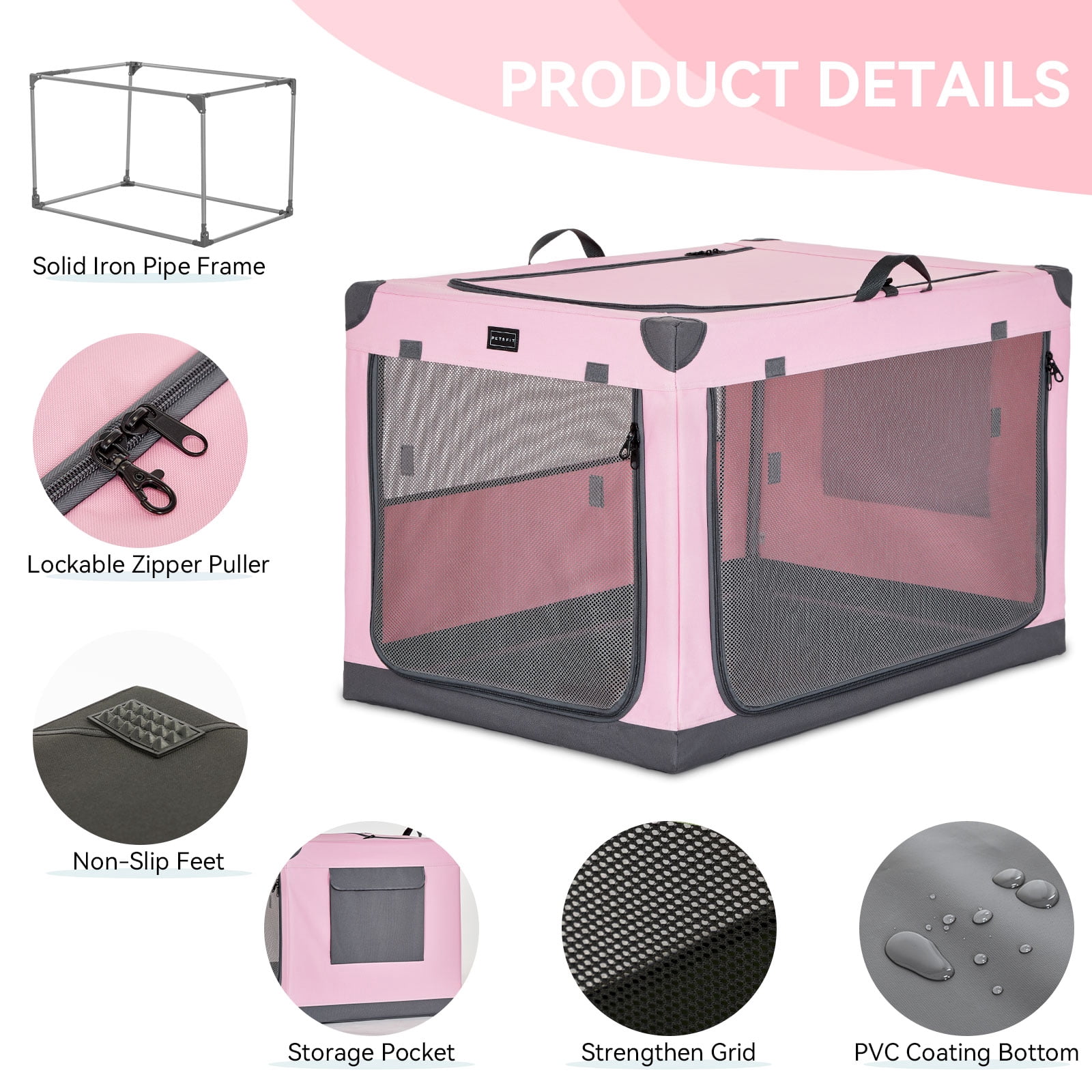 Petsfit 36inch Soft Dog Crate, Adjustable Fabric Cover by Spiral Iron Pipe, Chew Proof Strengthen Sewing Collapsible Dog Crate 3 Door Design,Pink