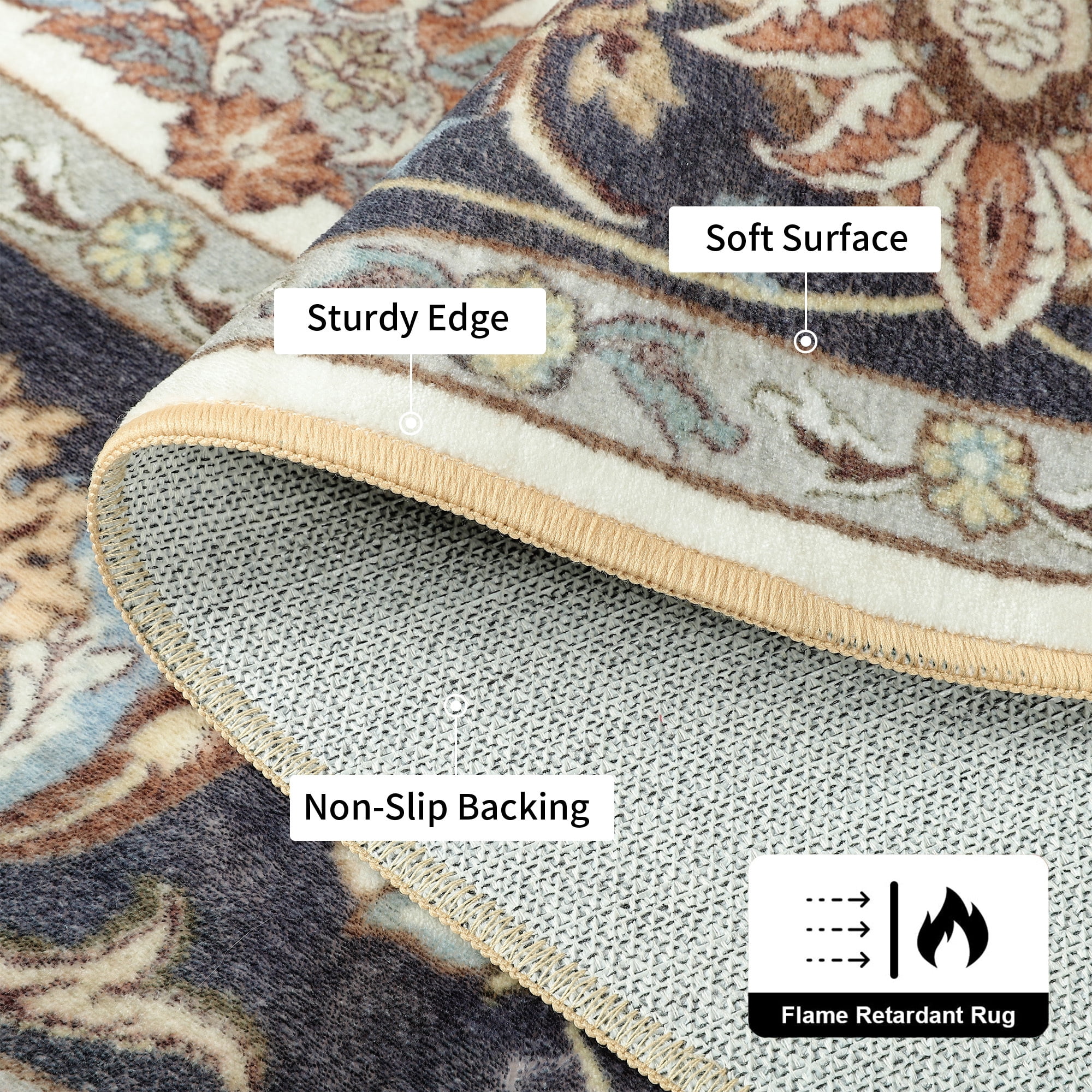 Noahas 5 ft Round Rugs for Living Room Bedroom Rug Circle Area Rug for Dining Room Table Throw Neutral Vintage Circular Rugs Washable Soft Comfortable Blue & White
