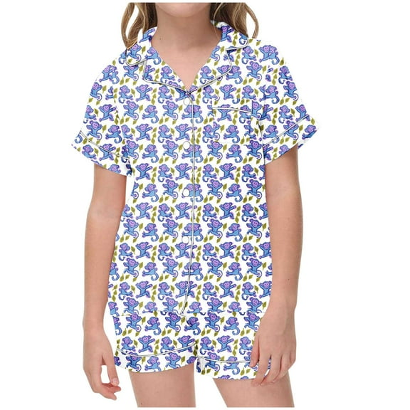 Odeerbi 2-12 Years Kids Boys Girls Summer Satin Pajamas Notched Lapel Short Sleeve Shirts Shorts Set Soft Loungewear Floral Print Sleepwear Kids Boys Girls Clothes