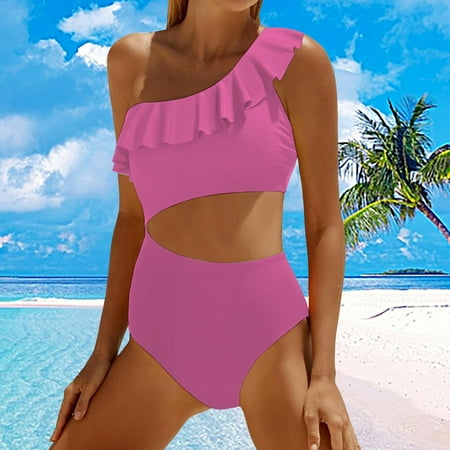 Stephy Women Cutout Swimsuits One Shoulder Ruffle Cut Out Bathing Suit Swimwear Monokini 2025  Pink Women s One Piece Swimsuits  M
