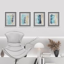 PixonSign Framed Wall Art Pastel Watercolor Blue, Teal, Yellow Paint Stroke Collage Inspired Illustrations Posters, Set of 4 Abstract Geometric Canvas Prints for Home Decor - 11"x14" White