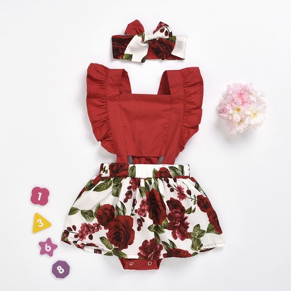 Vedolay Girl Skirt Set Girl's 2 Piece Outfit Crop Tank Top and Floral Print A Line Belted Skirt Sets,Red 18-24 Months