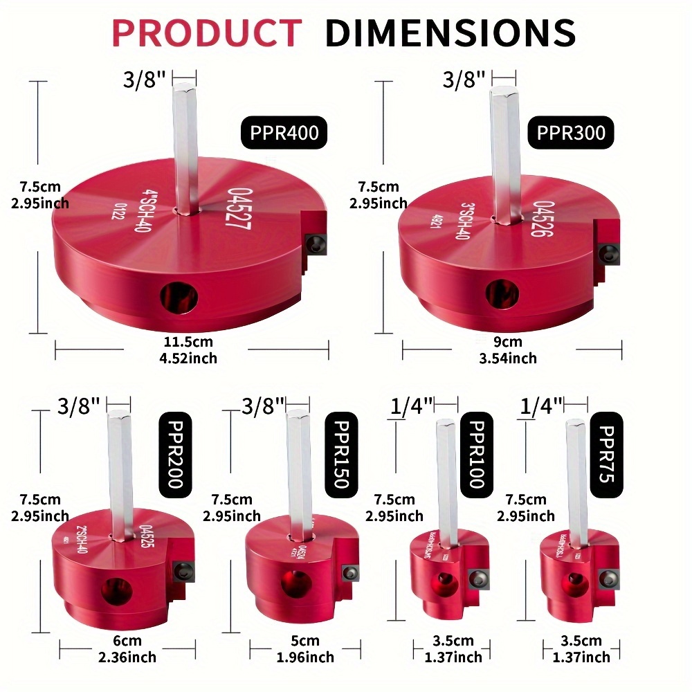 6pcs PPR Pipe Reamer Tool Set, with Sizes PPR75, PPR100, PPR150, PPR200, PPR300, PPR400, for PVC Pipe Sizing, Compatible with Standard 1/2" Drill