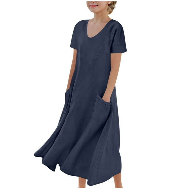 Tranfacy Robe d'Été pour Filles, Robe Maxi pour Jeunes Filles, Robe à Manches Courtes pour Fille, Robe de Princesse à la Mode et Mignonne, Robe Respirante Douce et Confortable
