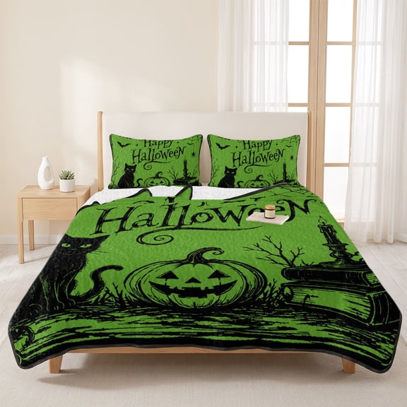 3 Pieces Queen Quilt Set,Happy Halloween Black Cat Pumpkin Soft Bedding Sets with 1 Quilt & 2 Pillow Shams,Green Background Summer Bedspread Lightweight Coverlet Comforter for All Season