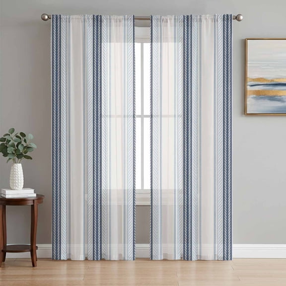 Sheer Curtains 108 Inches Long, Blue Beige Light Filtering Window Curtains for Living Room, Modern Abstract Gradient Vertical Stripes Rod Pocket Voile Sheer Curtain Drapes, 52"W x 108"L, 2 Panels